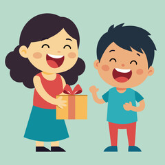 Wall Mural - Cute sister funny expression receiving gift and brother laughing  vector art illustration