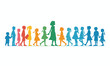 © Vectorvstocker - Scene Children walking, holding hands, single file line, behind adult female who appears be guiding them. Clothing children varies dresses, shorts, shirts. Silhouettes colorful rainbow palette
