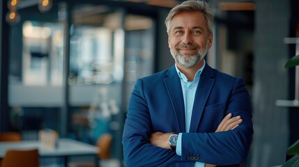 Poster - Happy middle aged business man ceo standing in office arms crossed. Smiling mature confident professional executive manager, proud lawyer, businessman leader wearing blue suit