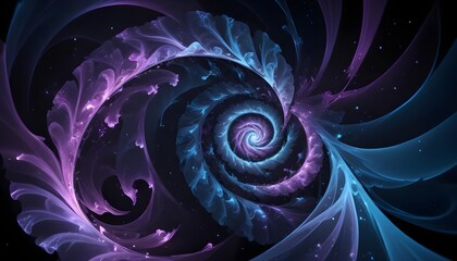 Wall Mural - Abstract image of a swirling, luminous spiral in shades of blue and purple, set against a black background. The spiral is intricate and detailed, creating a sense of depth and beauty.