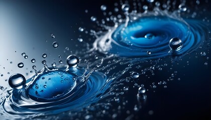 Two blue water droplets fall into a body of water, creating a splash with ripples and smaller droplets.