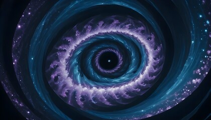 Wall Mural - An abstract spiral with blue and purple clouds and stars in the center of a black background.