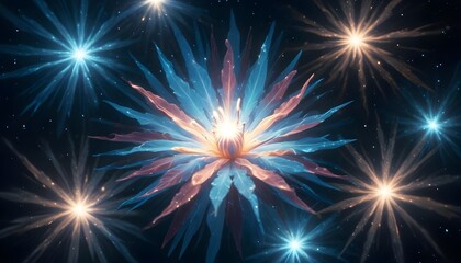 Wall Mural - Abstract image of a glowing blue and pink flower with delicate, spiky petals. The flower is surrounded by several small glowing stars.