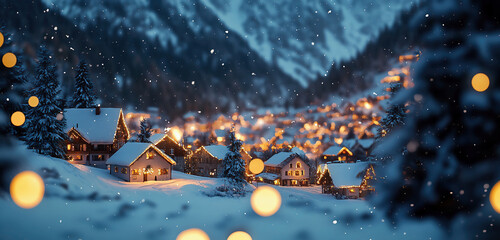 Village in the snowy mountains with Christmas decoration at night.