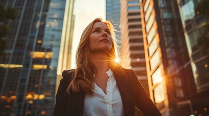 Wall Mural - Happy wealthy rich successful businesswoman standing in big city modern skyscrapers street on sunset thinking of successful future vision, dreaming of new investment opportunities