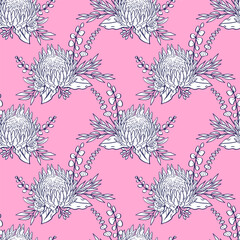 Wall Mural - Seamless pattern with protea flowers on pink background. Tropical floral wallpaper.