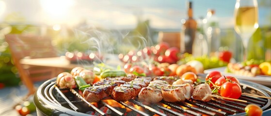 Friends enjoying a barbecue in a sunny backyard, grill loaded with sizzling meats and vegetables