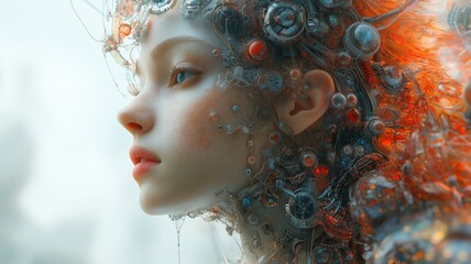 Woman in the era of artificial intelligence, side view. Brain and neuralink. AI integrated with people. Brain computer interface. Ai generative