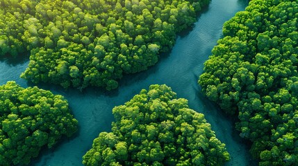 Wall Mural - Panoramic top view of green mangrove tree forest nature background. 