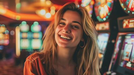 Sticker - Happy young woman smiling near slot machines in a casino