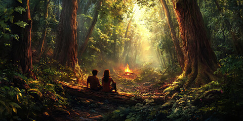 Wall Mural - Forest Getaway Sanctuary: A couple sitting on a fallen log in the middle of a dense forest, surrounded by towering trees and a small campfire in the distance