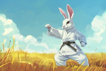 Poster - cartoon hare karateka training in the field