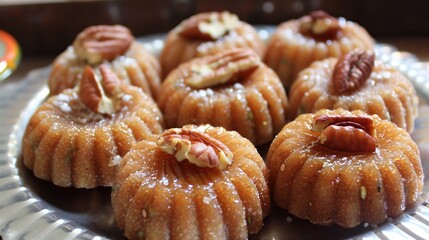 round molded sweet treats topped with pecan nuts dusted with white sugar presented on metallic tray food photography