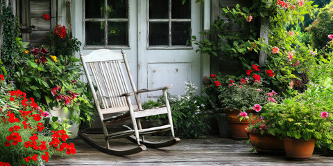 Wall Mural - Nostalgic Harmony: An empty rocking chair placed outside an old country house, surrounded by lush gardens and blooming flowers