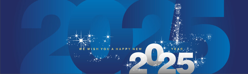 Sticker - We wish you a Happy New Year 2025. Sparkler firework over 2025 numbers in background. Silver white blue greeting card.ai