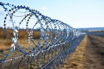 Barbed wire fence creating a secure border line under blue sky