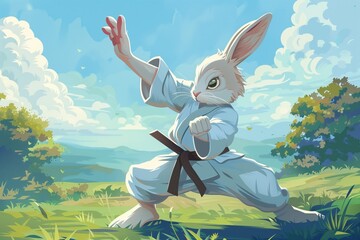 Poster - cartoon hare karateka training in the field