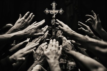 Christian worship, hands reaching holy cross