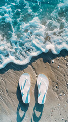 Wall Mural - Top view of white pairs of flip flops on aesthetic sea coast background with white sand and blue ocean. Generative AI