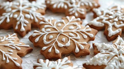 Wall Mural - Festive Gingerbread Snowflake Cookies with Intricate Decorations on a Wooden Background