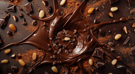 Canvas Print - chocolate and nuts being poured into the center, with splashes and droplets forming an artistic pattern around them