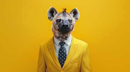 Poster - Hyena dressed in a modern yellow suit with a polka dot tie. Fashion portrait of an anthropomorphic animal, shooted in a charismatic human attitude