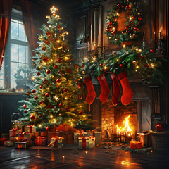 Wall Mural - christmas tree with gifts and decorations