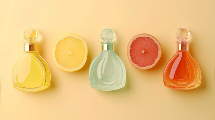 Wall Mural - Three bottles of fruit perfume with citrus notes of different colors lie in a row on a pale yellow background. Between them lie lemon and grapefruit circles.