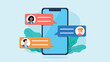 © Robert Wicher - On the screen of the cell phone there are text message bubbles with user avatars. Group chat of employees in the company. Flat design vector illustration.