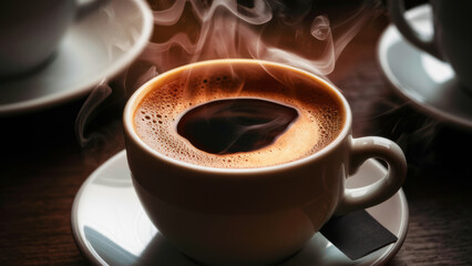 Canvas Print - A cup of coffee with steam coming out on a saucer, AI