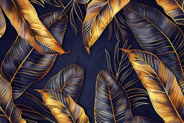 Beautiful tropical leaf wallpaper featuring golden banana leaf line arts and hand-drawn outlines, creating a luxurious nature pattern