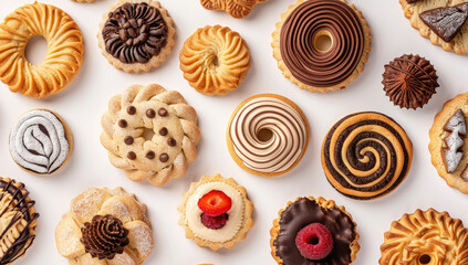 Wall Mural - A variety of cookies and pastries are arranged in an overhead shot, showcasing the diversity and appeal of these treats among customers.