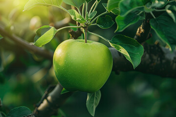 Canvas Print - A close-up of a green apple on a branch