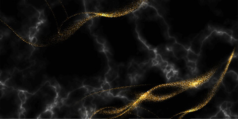 Wall Mural - black marble background with gold glitter waves. luxury natural stone backdrop with golden sparkles.