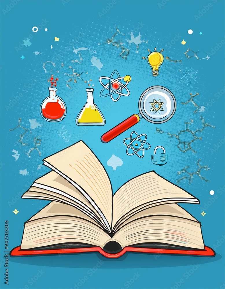 Understanding Science Image Education concept. E-learning design with open book and symbols of ...