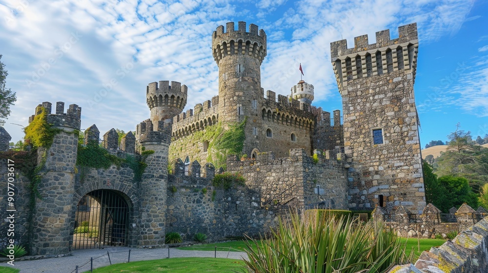 Imagine a majestic castle with tall towers, stone walls, and a ...
