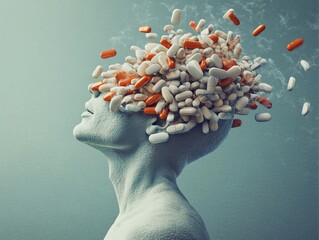 Man with pills bursting from his head against a blue background, looking upward. Conceptual image of addiction, mental health crisis, and struggle.