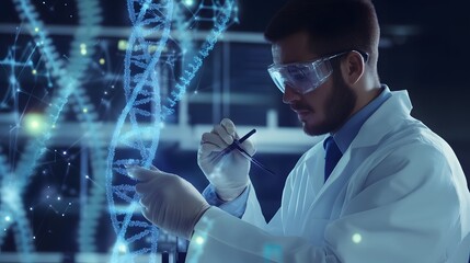 Wall Mural - a scientist in a lab coat and safety glasses examines a glowing digital model of dna.