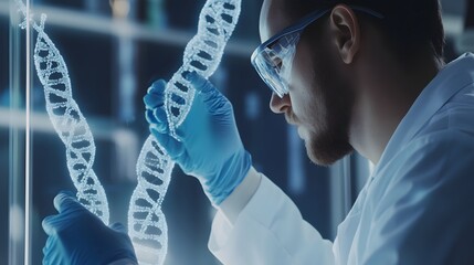 Wall Mural - a scientist examines a glowing model of a dna helix in a laboratory setting.