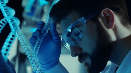 Wall Mural - a scientist wearing safety glasses and gloves examines a dna model in a lab.