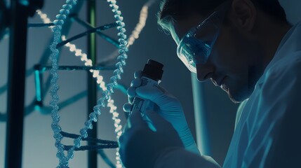 Wall Mural - a scientist carefully examines a sample vial in a lab, with a model of dna in the background.
