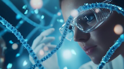 Wall Mural - a woman in a lab coat and safety goggles gazes intently at a strand of blue dna as it glows in the d