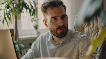 Sticker - A man with a beard sits thoughtfully at a desk in a sunlit office, surrounded by plants and working on his computer, exuding a calm, focused atmosphere.