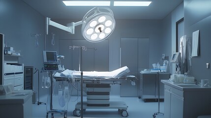 Wall Mural - A sterile operating room is ready for surgery, with a surgical table and medical equipment in the foreground and a bright surgical light above.