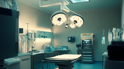 Wall Mural - A sterile operating room is ready for surgery, with bright lights illuminating the empty surgical table.