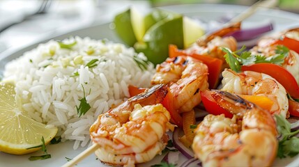 Wall Mural - Delicious Prawn Skewers Served with Flavorful Rice and Fresh Vegetable Salad on a Plate