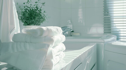 Freshly laundered white towels stacked neatly in a bright, clean bathroom setting with potted plants adding a touch of greenery.