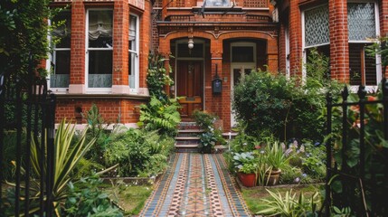 Sticker - Imagine a Victorian semi-detached house with intricate brickwork, tall bay windows, and a colorful tiled path leading to the entrance.