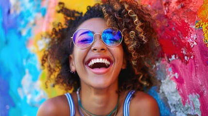 Poster - Laughing young woman on a colorful background