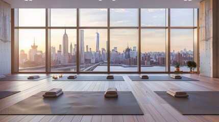 Canvas Print - Imagine a yoga studio with a beautiful view of the city skyline.